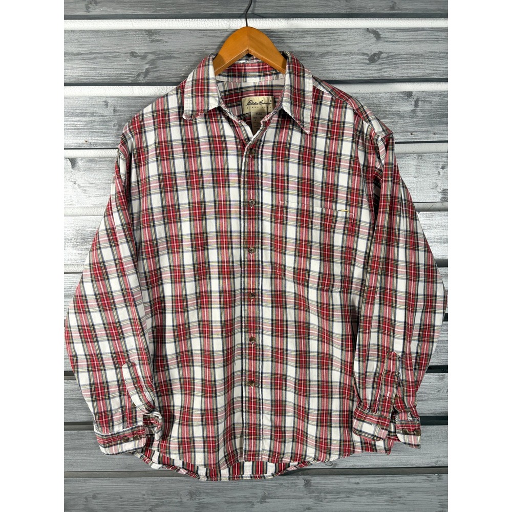 Eddie Bauer Mens Plaid Flannel Shirt Red Long Sleeve M distressed grunge vtg y2k